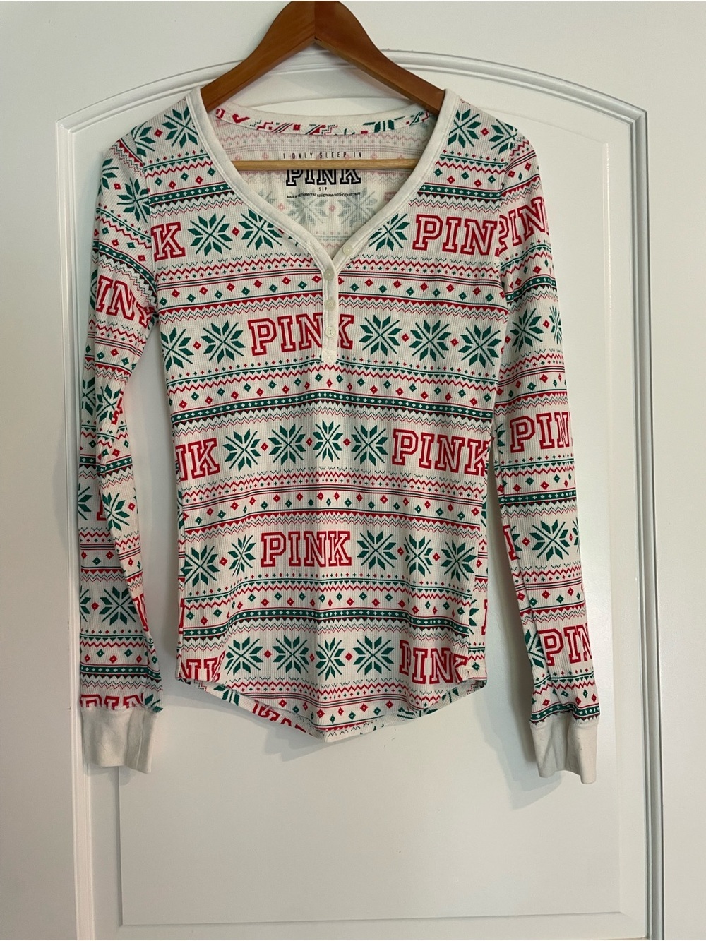 PINK Holiday Fair Isle Long Sleeve Henley - White, Red, Green